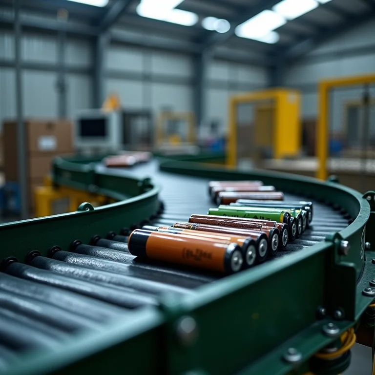 Pilhas sendo separadas em uma esteira transportadora em uma instalação de reciclagem, representando o processo de logística reversa.