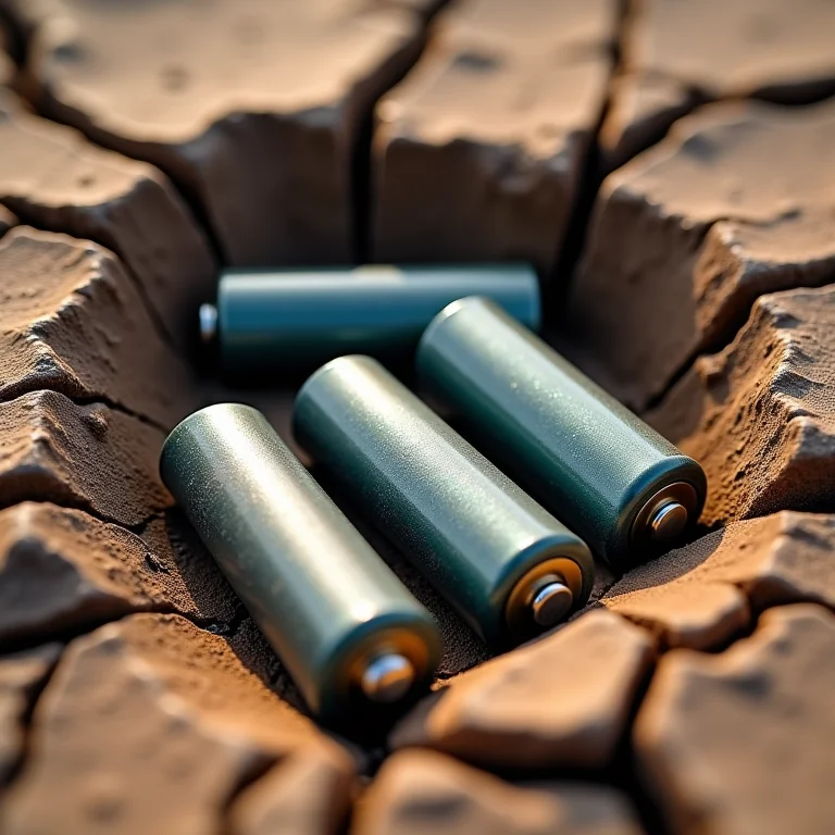 Pilhas usadas em solo rachado, representando o impacto ambiental do descarte incorreto.