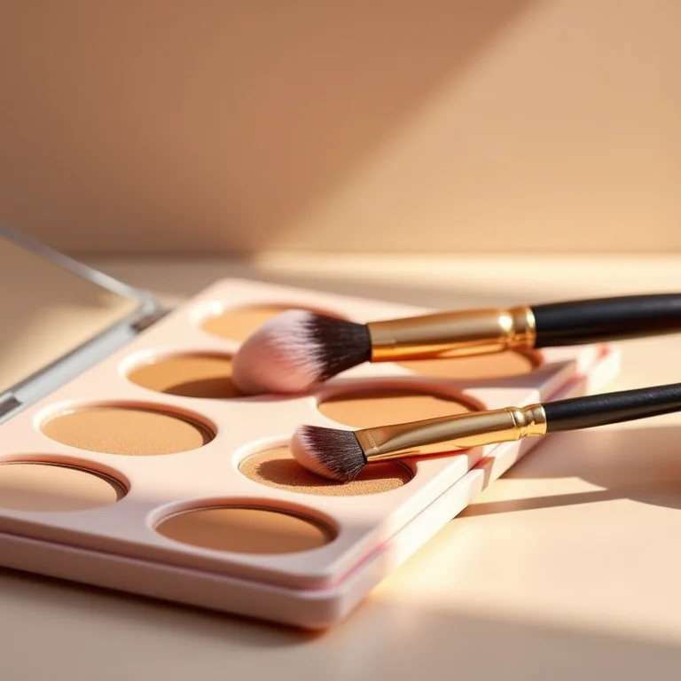 Pincel aplicando pó de contorno em paleta de maquiagem