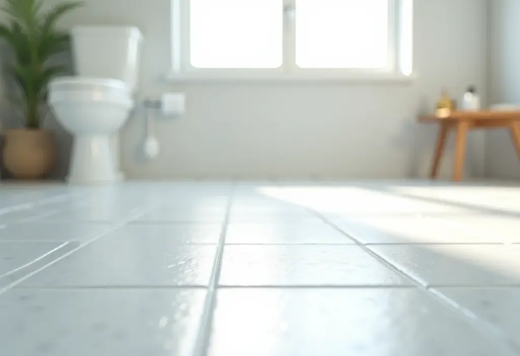 Piso de banheiro com rejunte impecável após a limpeza