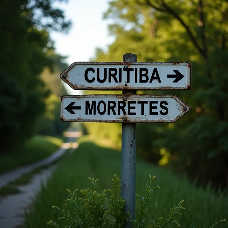 Placa de estrada indicando as direções Curitiba e Morretes.