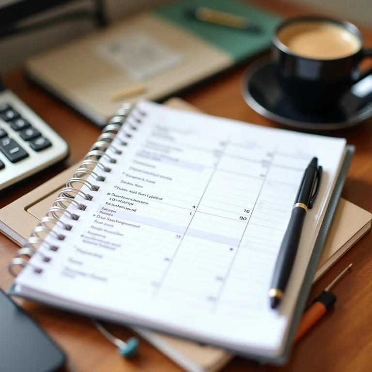 Planejador de orçamento com calculadora e café na mesa