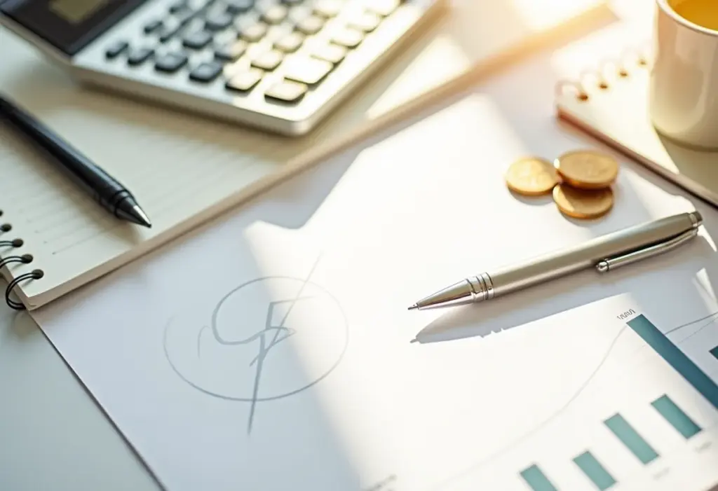 Planejamento financeiro com calculadora, cadernos e moedas