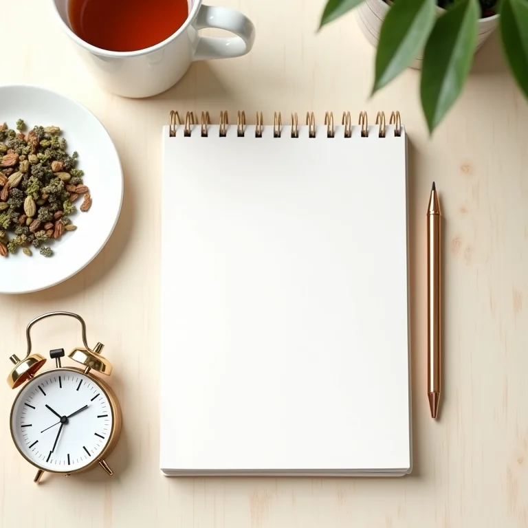 Planner, timer e chá em mesa de trabalho