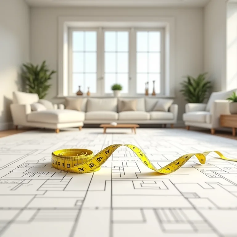 Planta baixa com fita métrica, ilustrando a importância de medir o espaço antes de comprar uma poltrona.