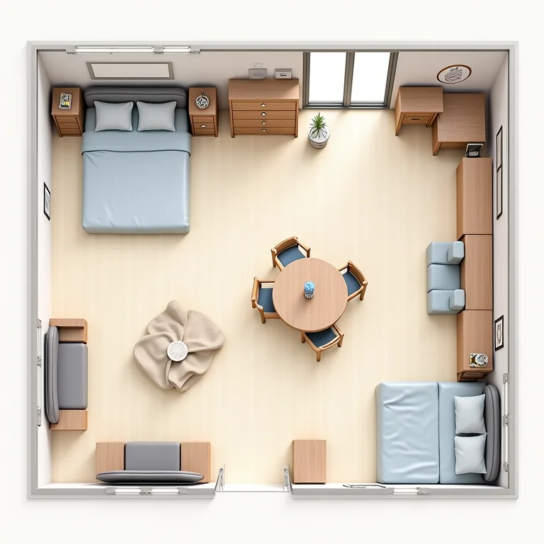 Planta baixa de um quarto infantil com diferentes opções de organização, enfatizando a importância de avaliar o espaço disponível.