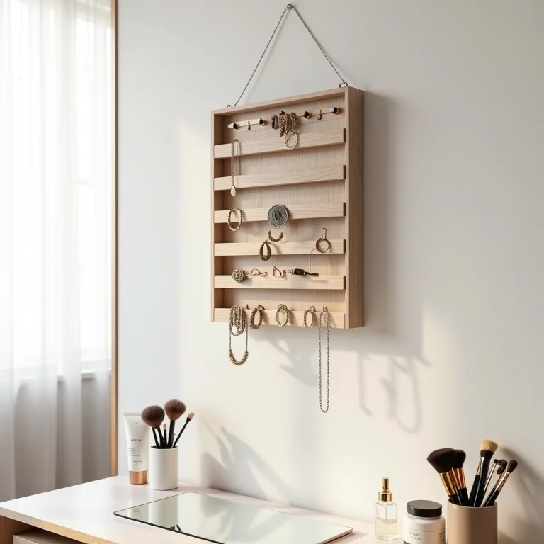 Porta-joias de parede pendurado acima de penteadeira