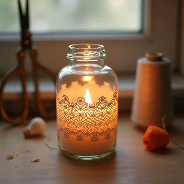 Porta-velas romântico e delicado feito com garrafa de vidro e renda