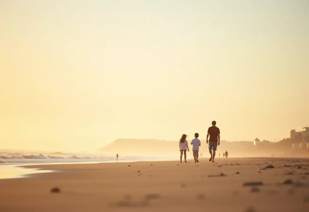 Praia de São Sebastião ao entardecer com famílias