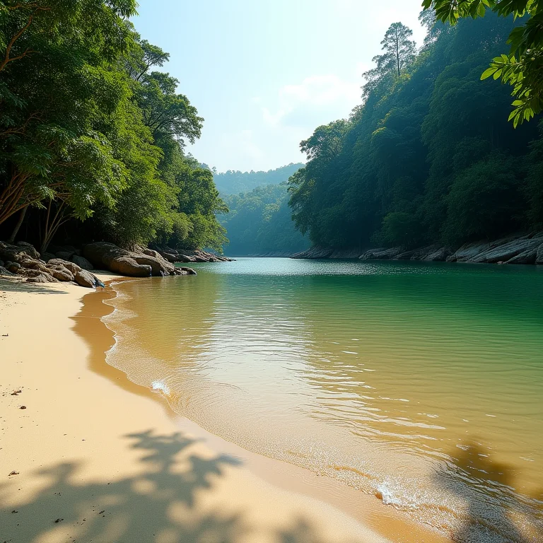 Praia fluvial deserta em Boa Vista, com águas claras e areia intocada.