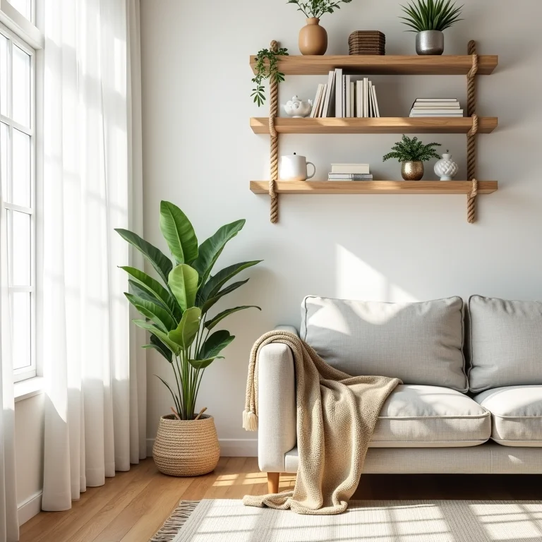 Prateleira de corda e madeira na sala de estar decorada com plantas e livros