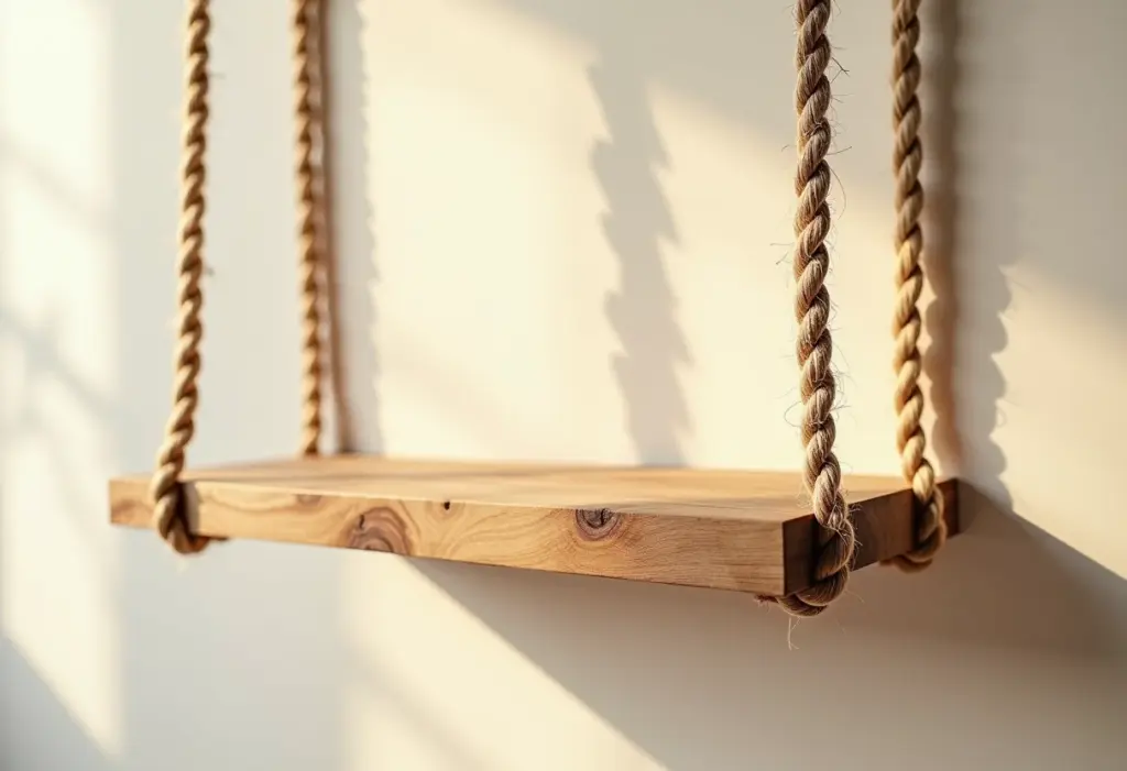 Prateleira de corda e madeira rústica pendurada na parede
