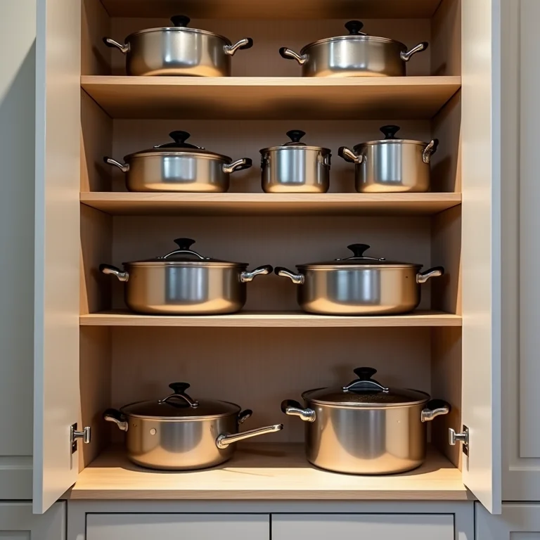 Prateleiras ajustáveis para organização de panelas.