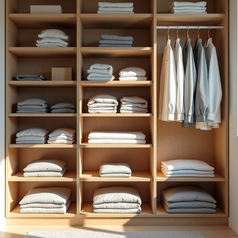 Prateleiras de armário organizadas por cor e tipo de roupa