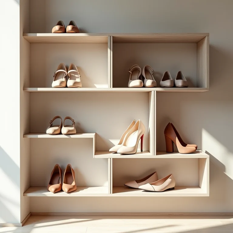 Prateleiras modulares formando uma sapateira com sapatos diversos