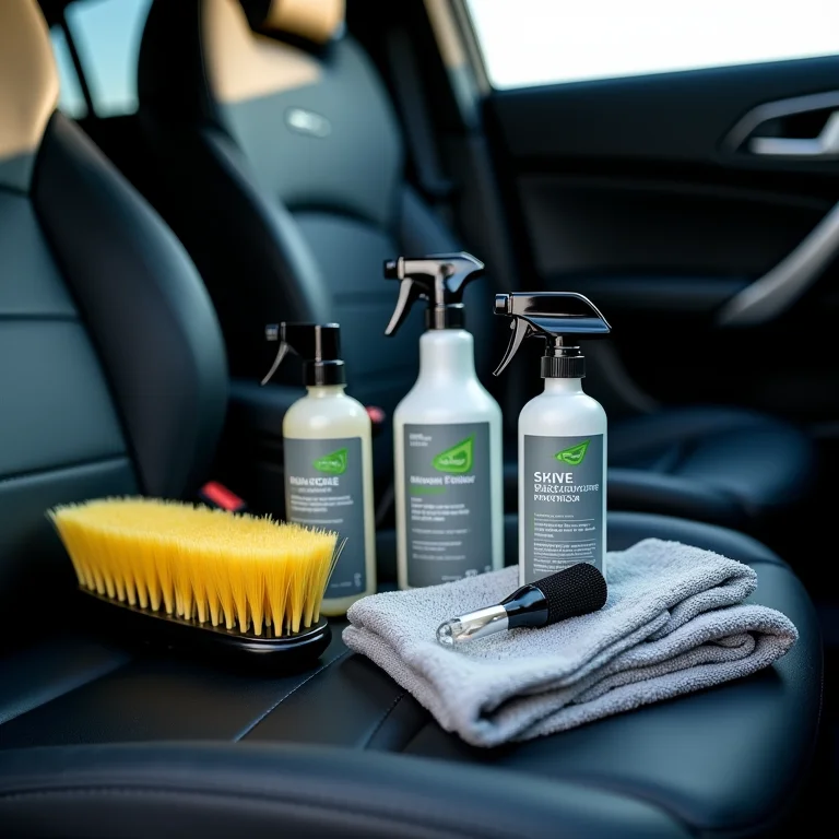 Produtos de limpeza automotiva organizados em um banco de carro.