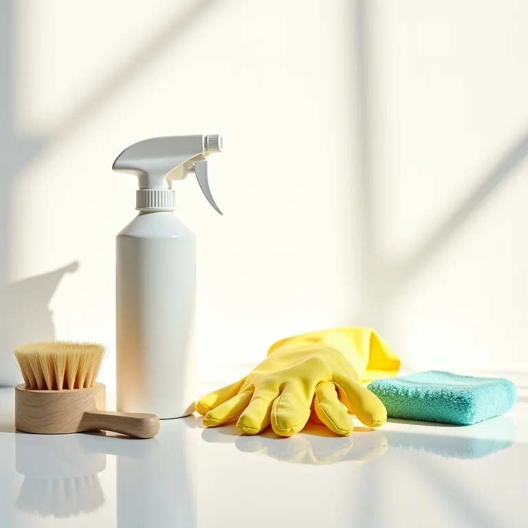 Produtos de limpeza essenciais para combater o bolor no banheiro dispostos em um flat lay