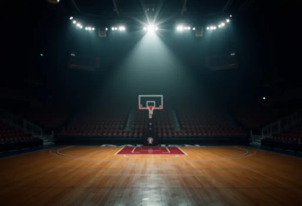 Quadra de basquete vazia com foco dramático, representando a atmosfera de The Last Dance.