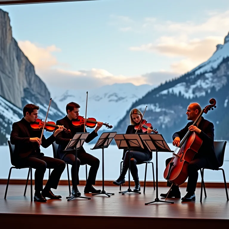 Quarteto de cordas se apresentando com montanhas nevadas ao fundo