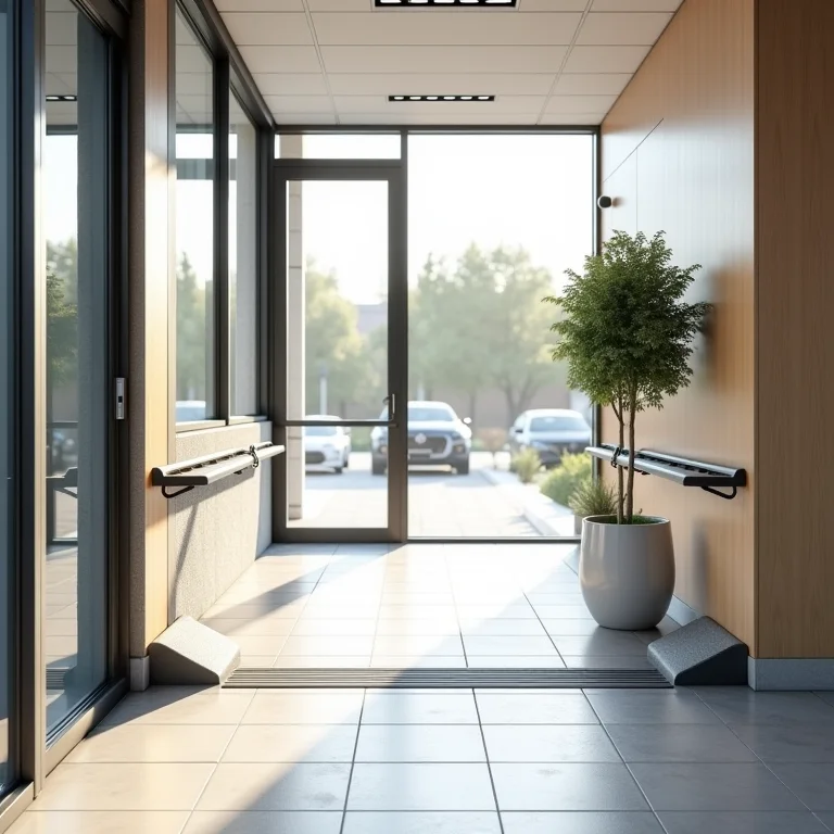 Rampa de acesso para cadeirantes integrada à entrada de um escritório moderno.
