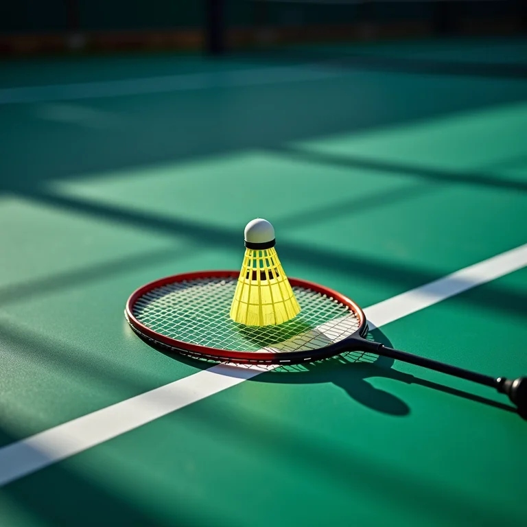 Raquete e peteca de badminton em uma quadra.