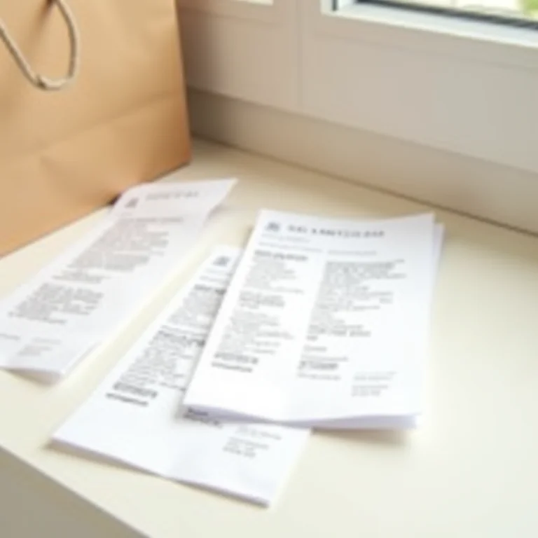 Recibos, garantias e sacolas de compras organizados