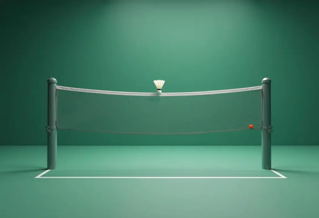 Rede de badminton esticada com peteca sobre a rede.