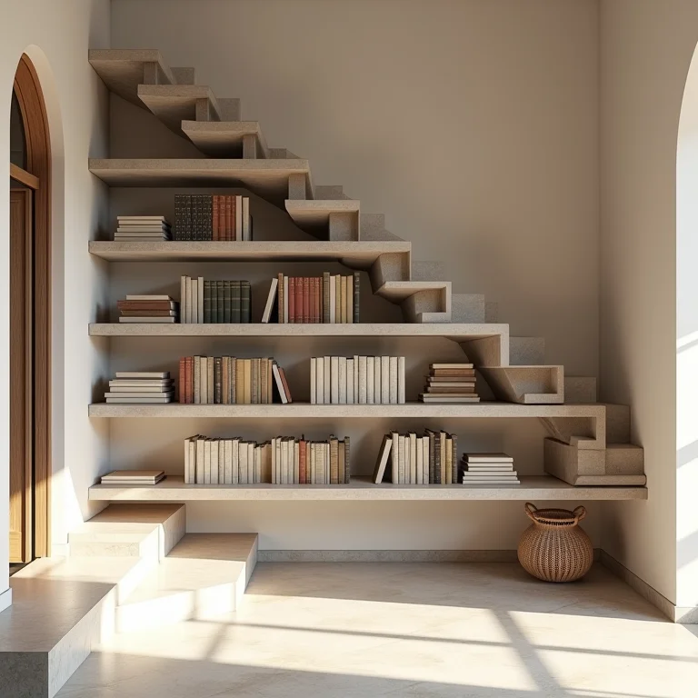 Refúgio literário sob a escada com livros e iluminação aconchegante