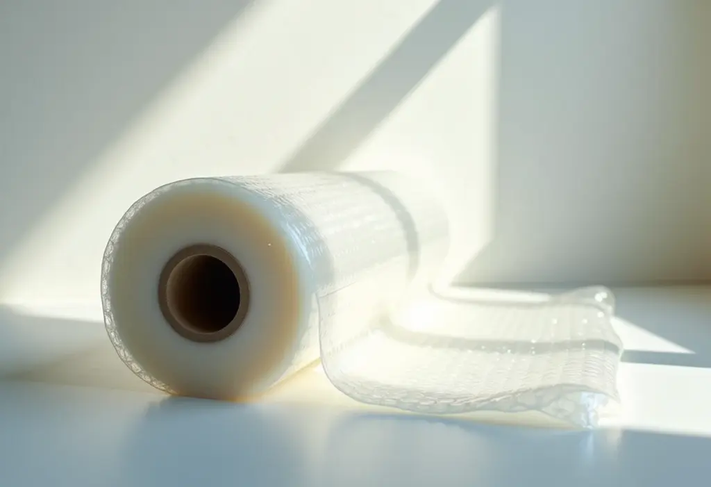 Rolo grande de plástico bolha com iluminação suave.