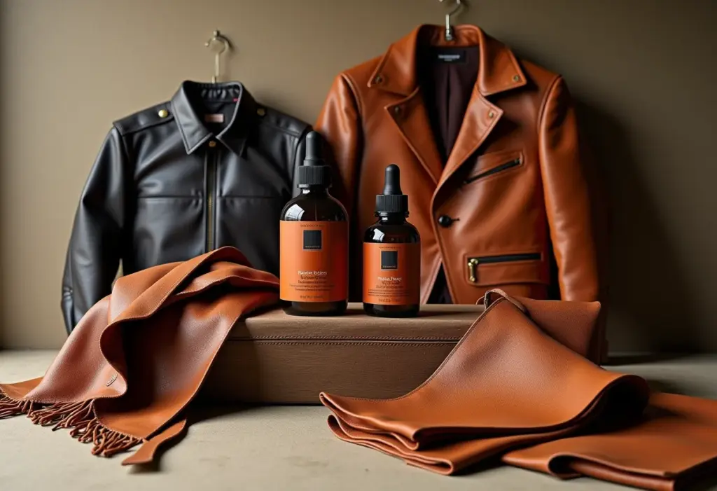 Roupas de couro e produtos de limpeza em composição elegante.