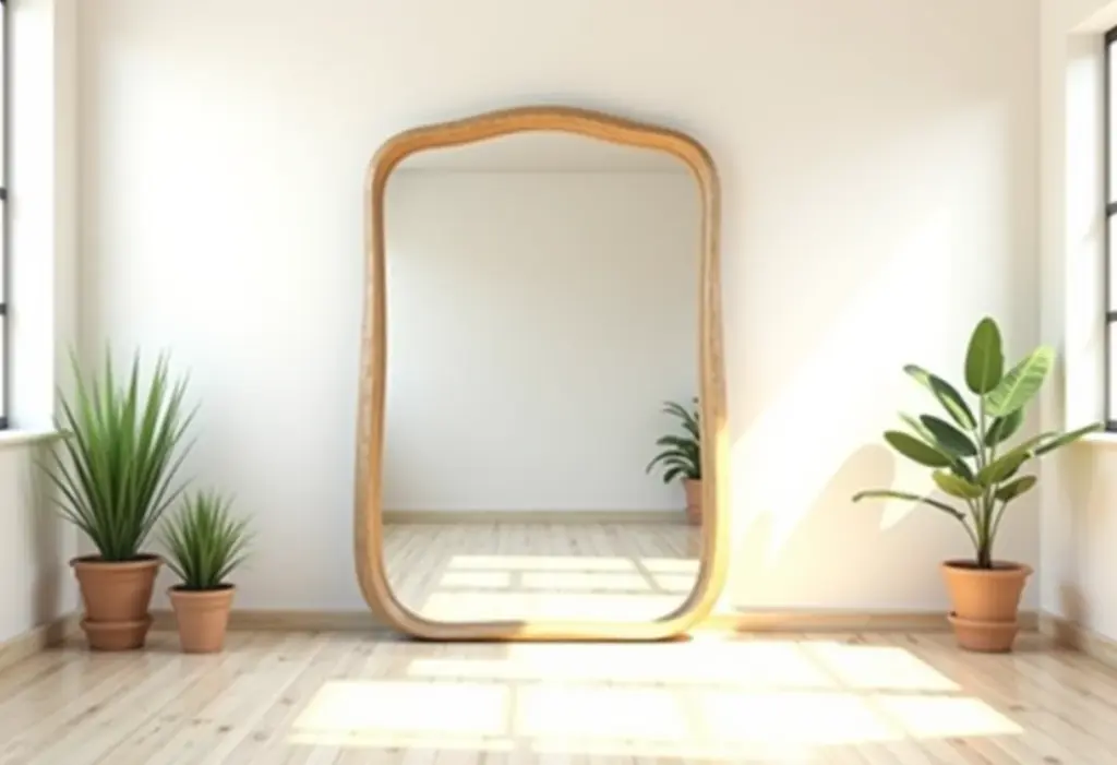Sala de estar iluminada com espelho emoldurado artesanalmente