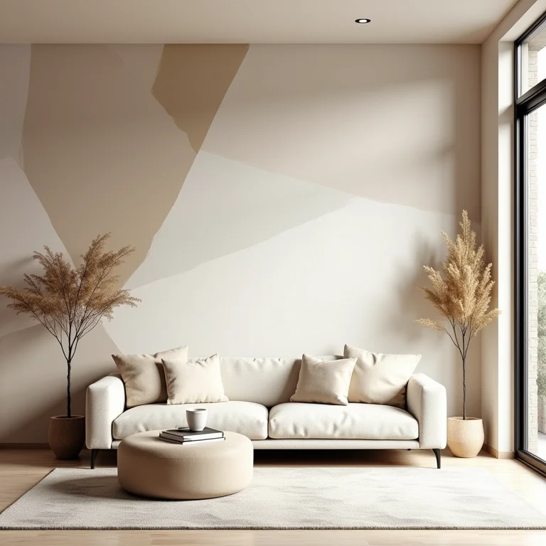 Sala de estar moderna com parede geométrica charmosa