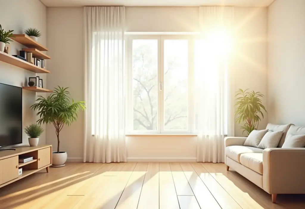 Sala de estar organizada e iluminada com luz natural