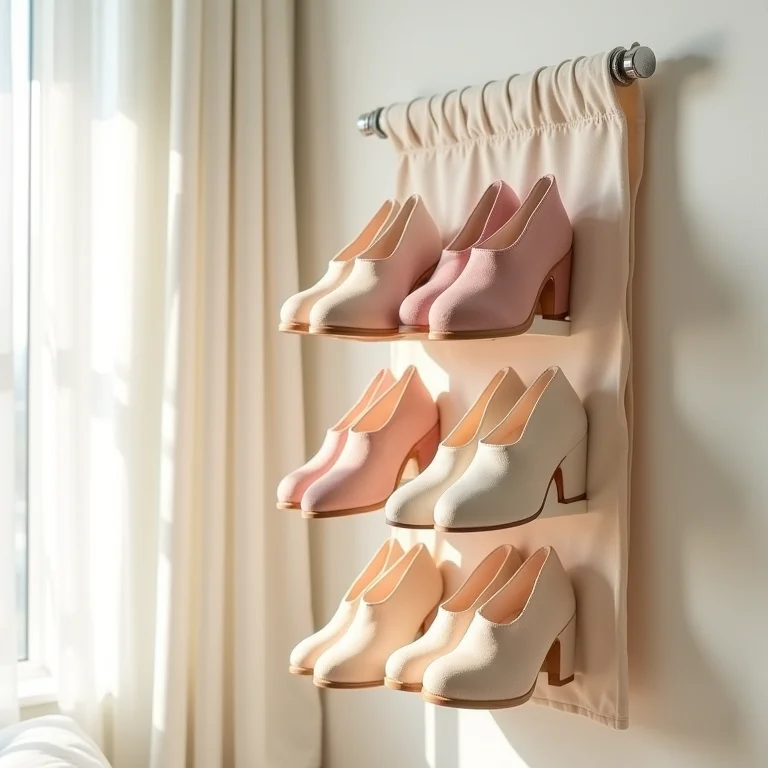 Sapateira suspensa de tecido com sapatos em tons pastel