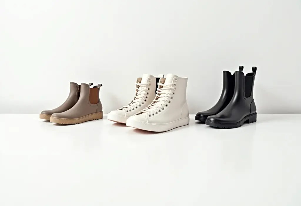 Sapatos de borracha diversos organizados em um fundo clean