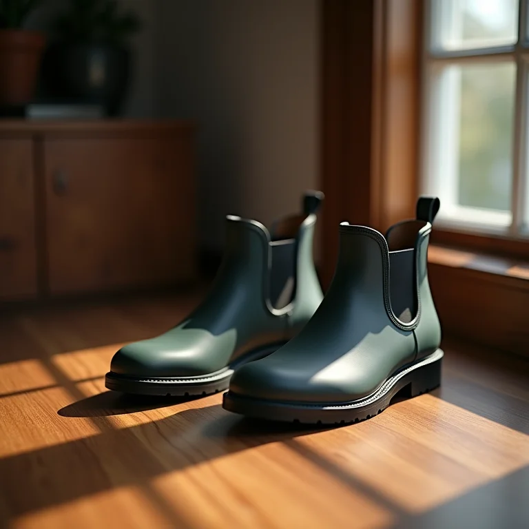 Sapatos de borracha sendo protegidos com spray impermeabilizante