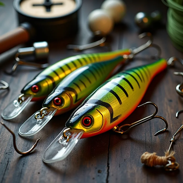 Seleção de iscas artificiais e acessórios de pesca em estilo flat lay