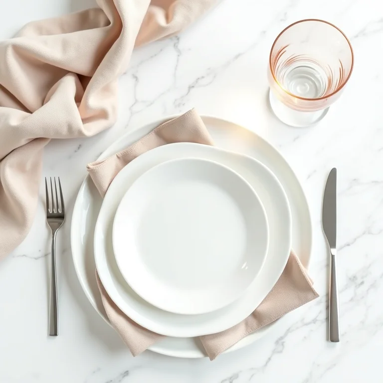 Seleção de utensílios de mesa elegantes dispostos sobre uma superfície de mármore.