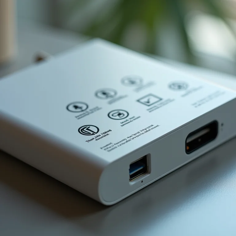 Símbolos de segurança em um carregador portátil.