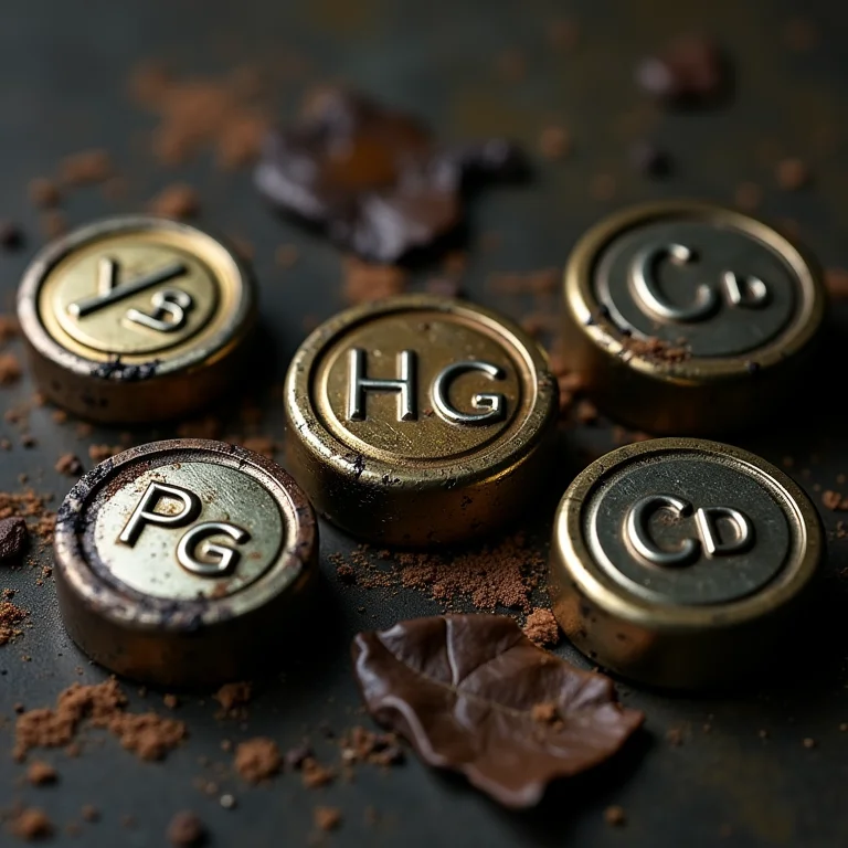 Símbolos químicos de metais pesados ao redor de pilhas corroídas, representando a ameaça invisível da contaminação.