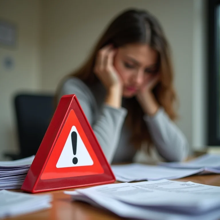 Sinal de alerta vermelho em uma mesa com contas não pagas, representando penalidades por não cumprimento das obrigações do eSocial.