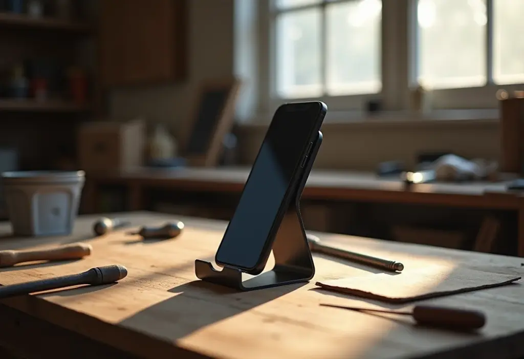 Suporte de celular de metal sendo construído em oficina minimalista