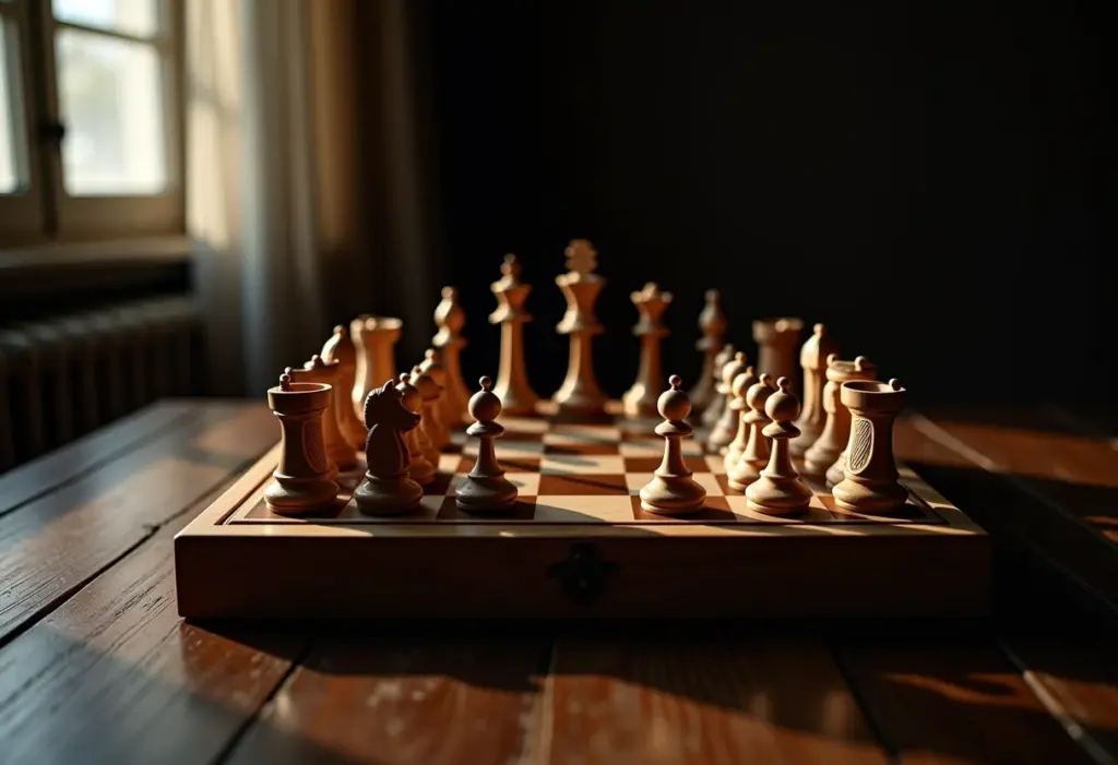 Tabuleiro de xadrez antigo com peças esculpidas em madeira.