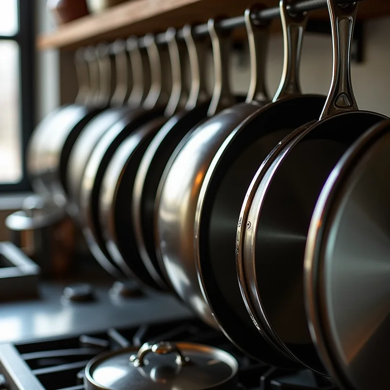 Tampas de panelas organizadas em um suporte.