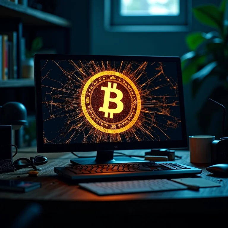 Tela de computador quebrada exibindo o logo do Bitcoin.