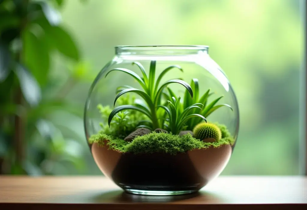Terrário em Vidro: Guia Simples Para Criar o Seu Oásis Verde Terrário de vidro exuberante com plantas verdes vibrantes.