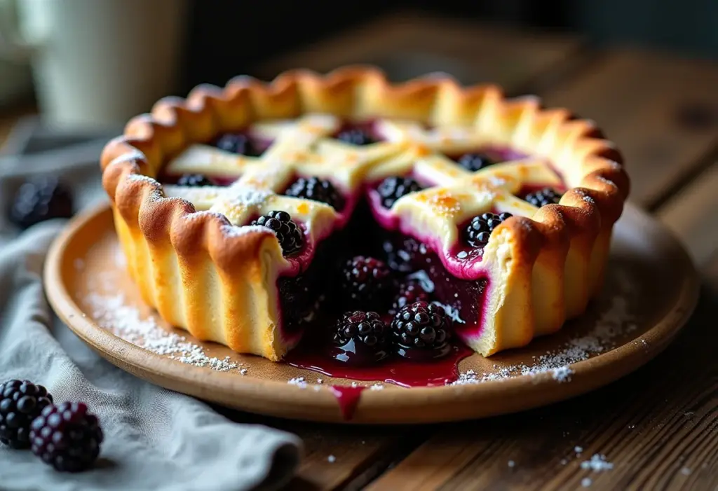 Torta de Amora Cremosa: A receita fácil que vai te surpreender Torta cremosa de amora com massa dourada e recheio apetitoso.
