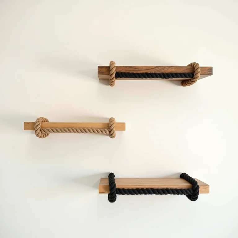 Três estilos diferentes de prateleiras de corda e madeira: rústico, minimalista e boho