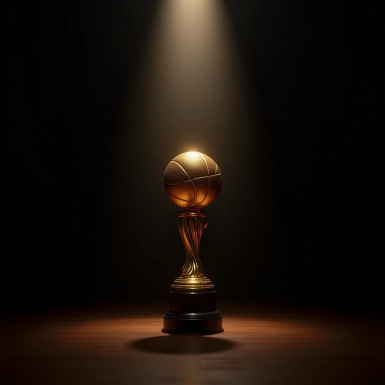 Troféu de basquete brilhando sob os holofotes.