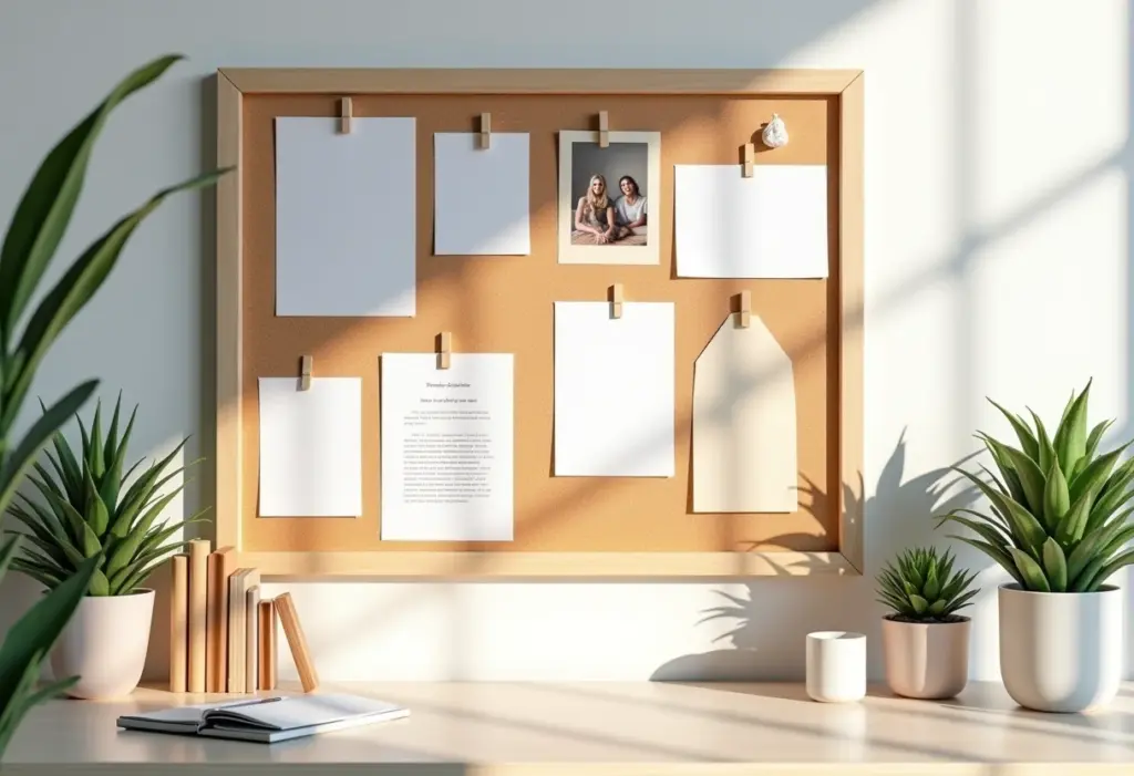 Um quadro de cortiça organizado com fotos e notas inspiradoras.